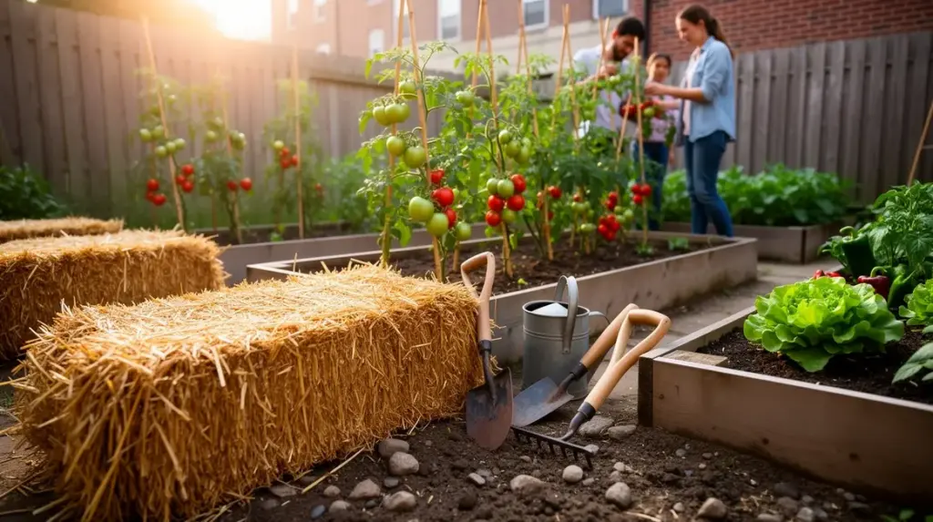 Petit potager sur botte de paille tomates et legumes