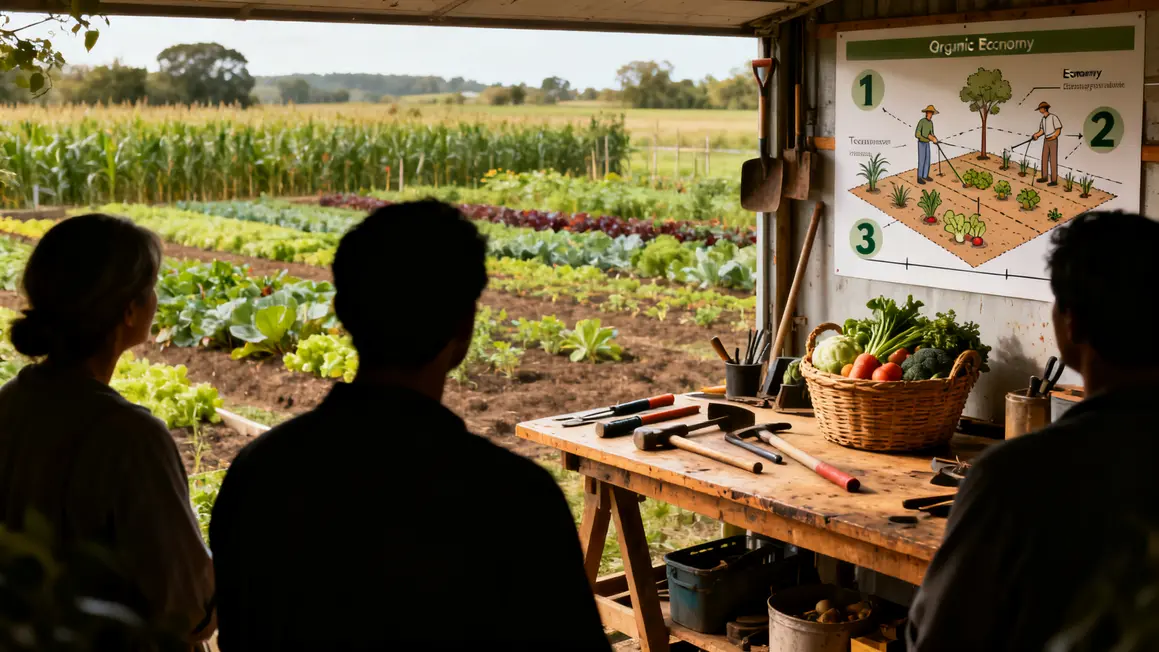 Groupe adulte observant champ bio en formation agricole