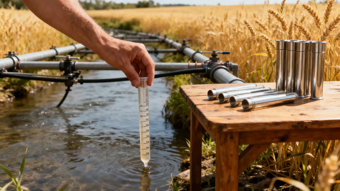 Main prélève échantillon eau champ analyse irrigation