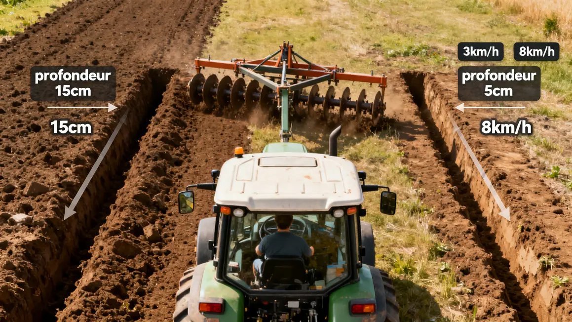 Traces profondes et superficielles herse rotative, vitesse affichée