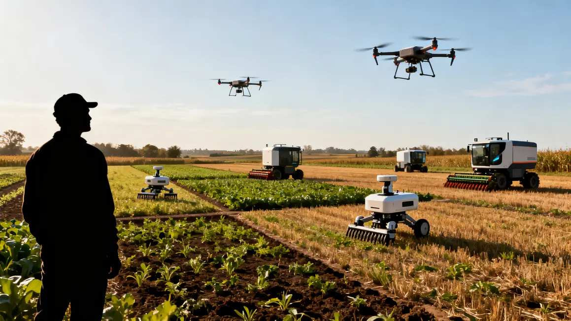 Champ divisé avec robots de désherbage, récolte, drones en action