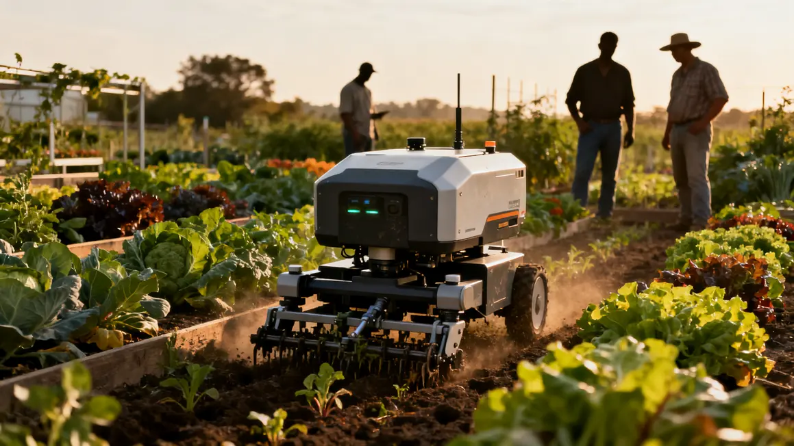 Robot agricole désherbe dans champ de maraîchage, automatisation