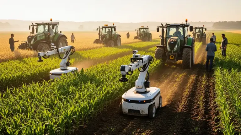Scène de robotique agricole avec robots et tracteurs sur exploitation moderne