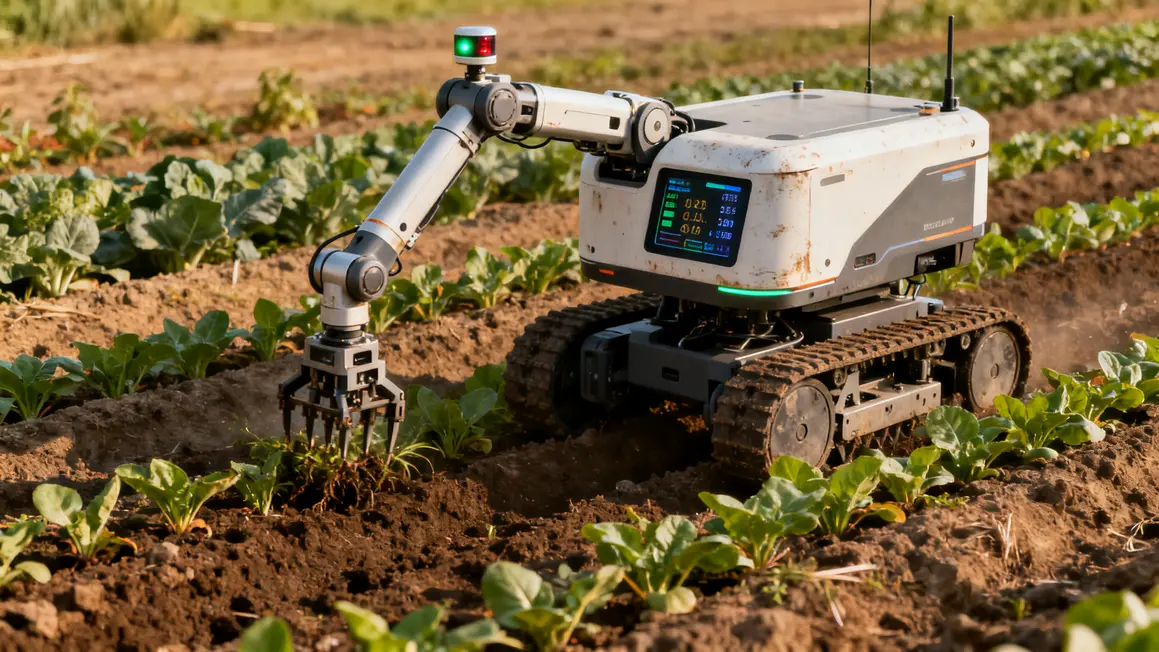 Robot de désherbage autonome au travail sur exploitation agricole