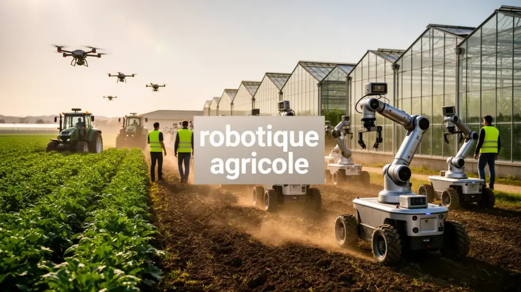 Vue photoréaliste exploitation agricole moderne avec robots autonomes