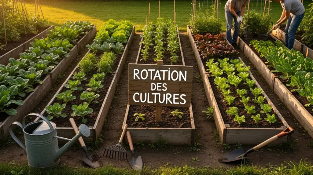 Vue potager cinq parcelles rotation des cultures