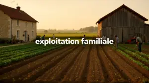 Exploitation familiale agricole maison grange champs membres famille au travail