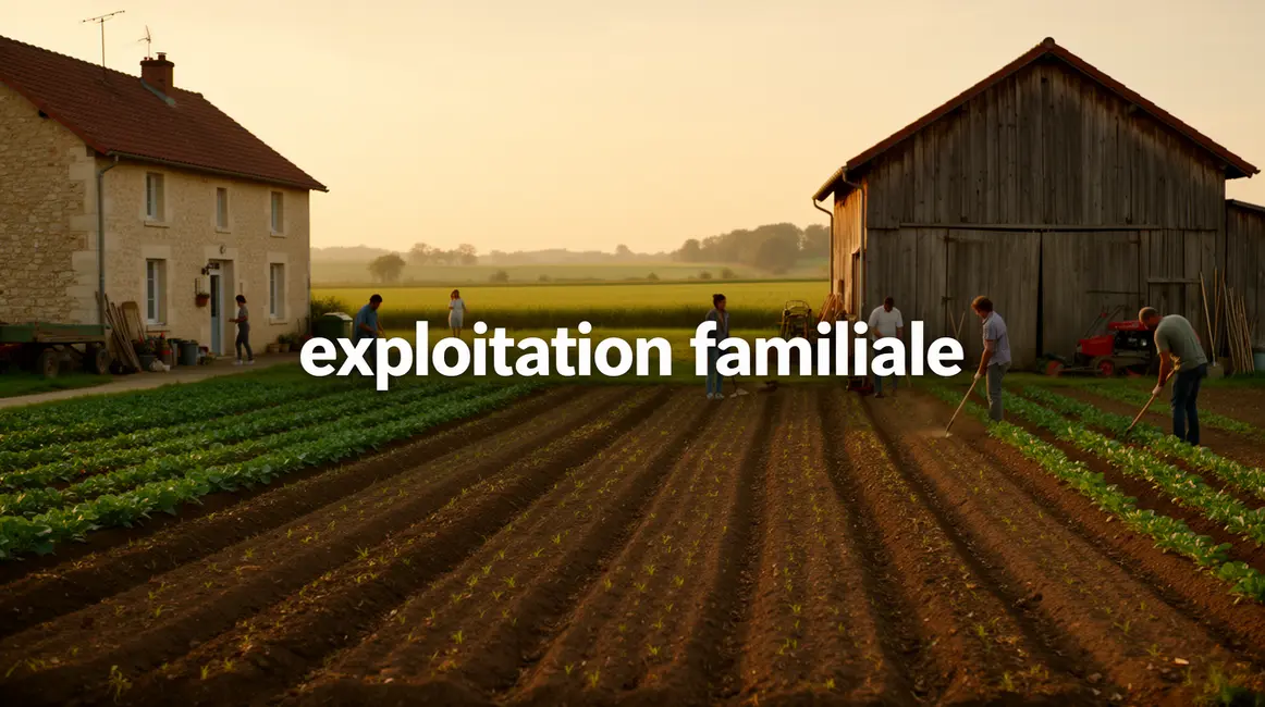 Exploitation familiale agricole maison grange champs membres famille au travail