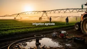 Champ agricole systèmes irrigation au lever du soleil