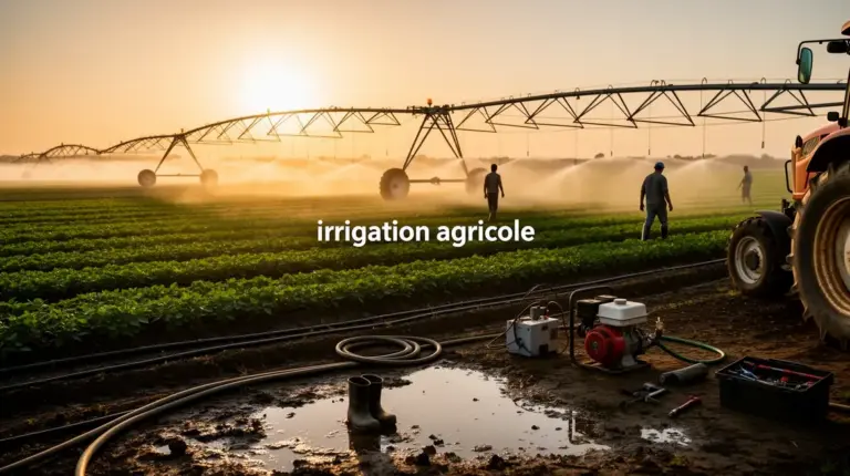 Champ agricole systèmes irrigation au lever du soleil
