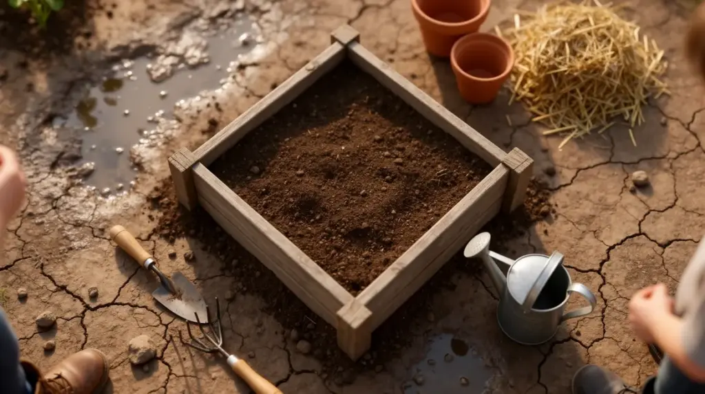 Sol argileux, carré potager, vue aérienne réaliste