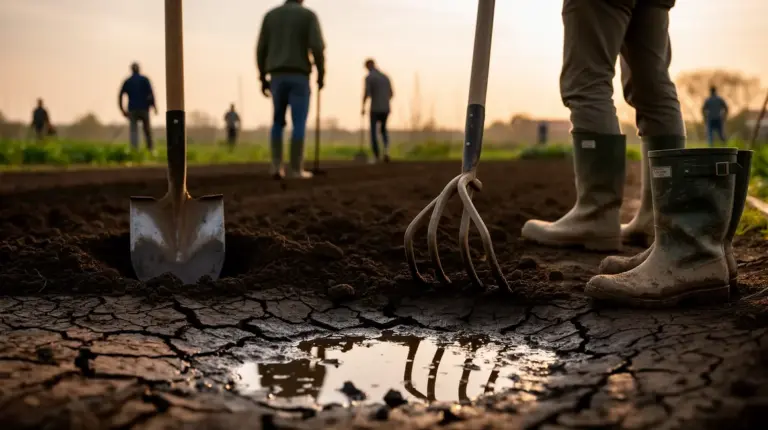 champ agricole sol argileux craquele et humide avec outils jardinage