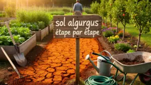 sol argileux, panneau, outils jardinage, texture terre