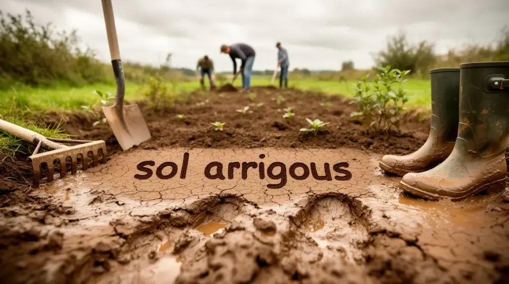 Vue terrain sol argileux boueux fissuré outils jardinage