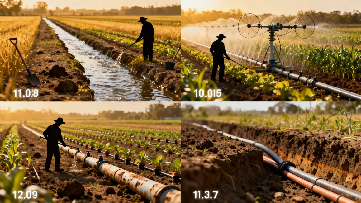 tableau systemes irrigation agricole champ gravitaire aspersion goutte-a-goutte