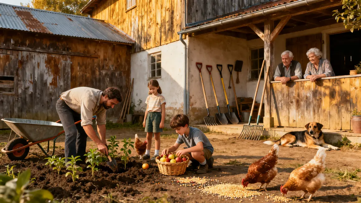 Famille exploitation familiale travail cour ferme