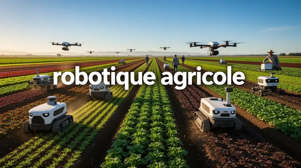 Robots agricoles automatisent champ moderne, ciel bleu