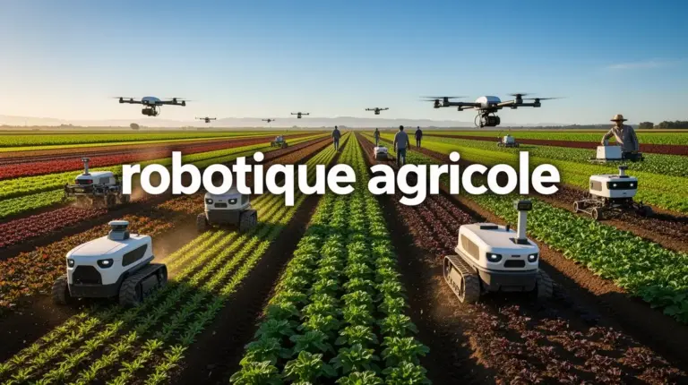 Robots agricoles automatisent champ moderne, ciel bleu