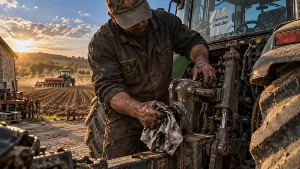 Chauffeur agricole vérifie l’attelage et l’entretien du tracteur