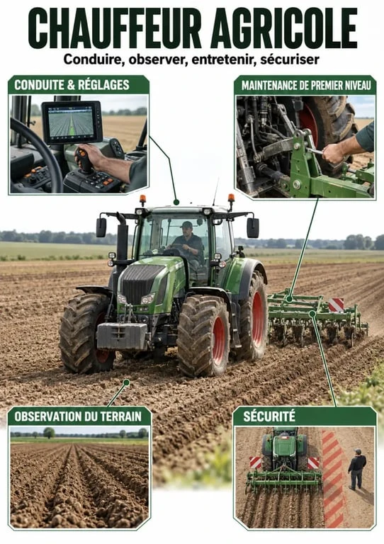 Infographie éditoriale sur le métier de chauffeur agricole, ses engins, ses réglages et ses compétences