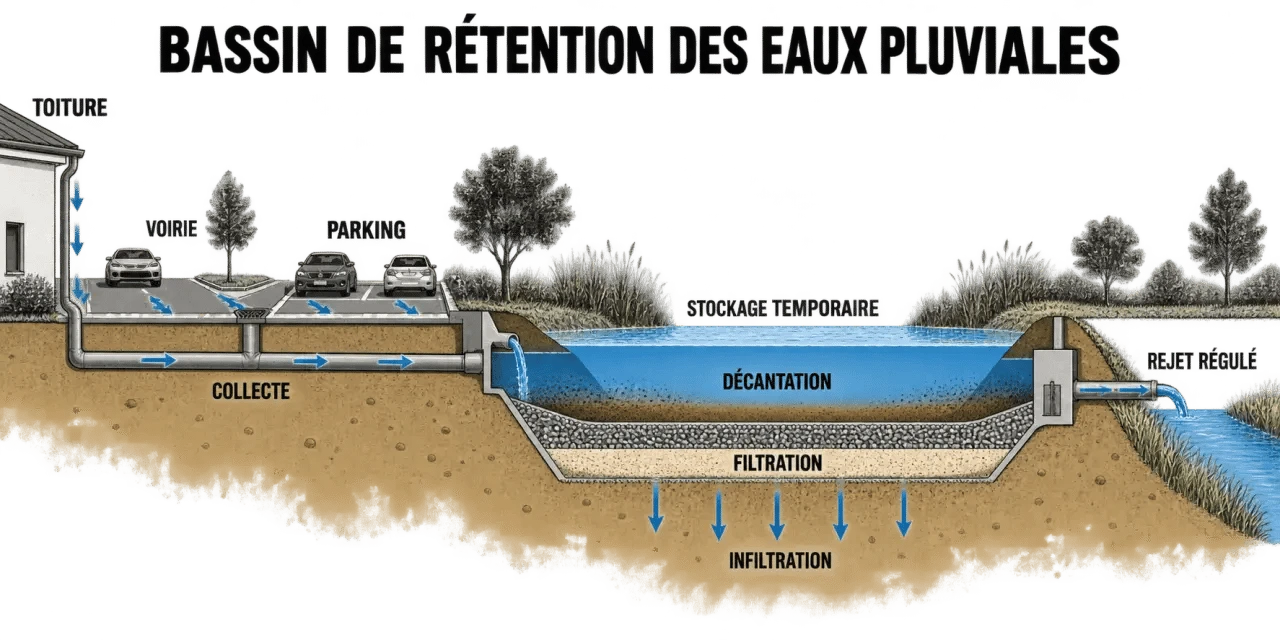 Schéma du fonctionnement d’un bassin de rétention d’eau, de la collecte au rejet régulé
