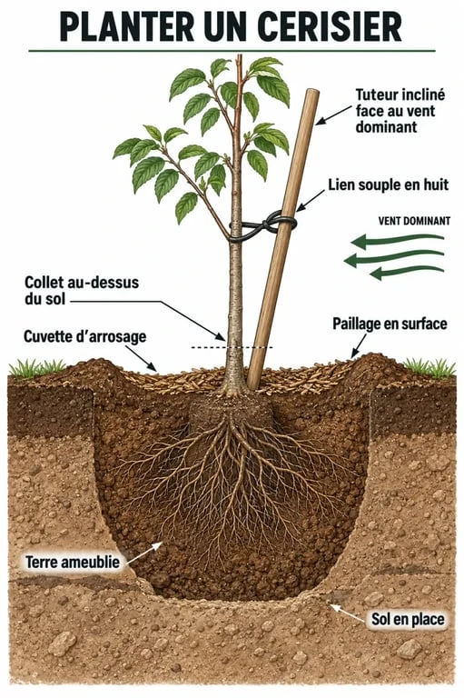 Schéma technique pour la plantation d'un cerisier : profondeur du trou, niveau du collet et tuteurage