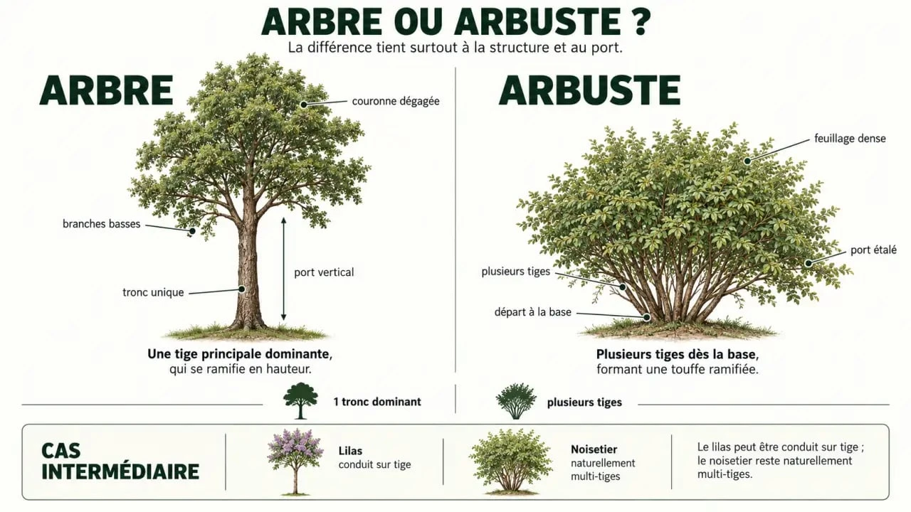 Infographie comparative pour distinguer un arbre et un arbuste selon le tronc, les tiges et le port