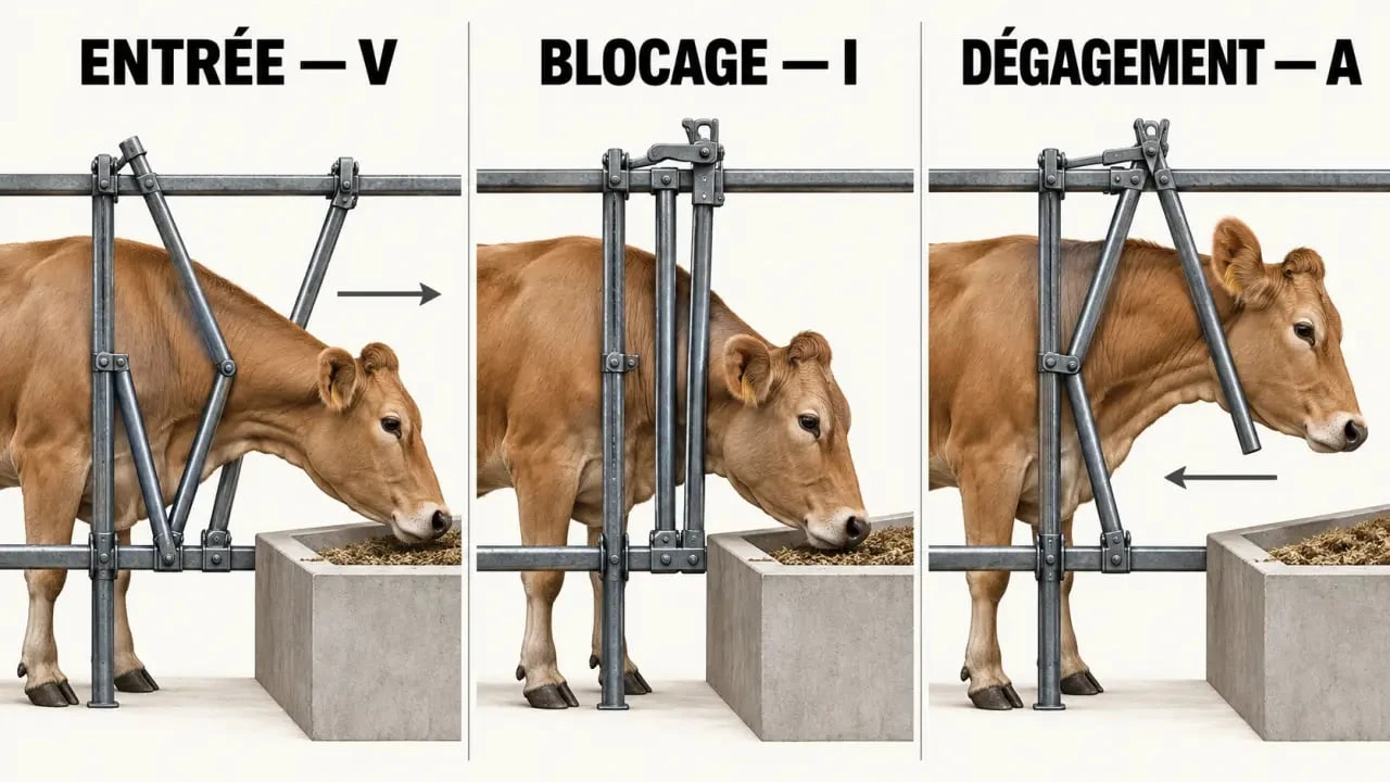 Schéma de fonctionnement d’un cornadis bovin avec positions d’entrée, de blocage et de dégagement