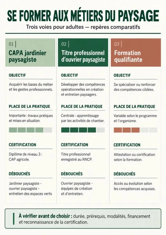 Formation paysagiste adulte : comparaison du CAPA, du titre professionnel et de la formation qualifiante