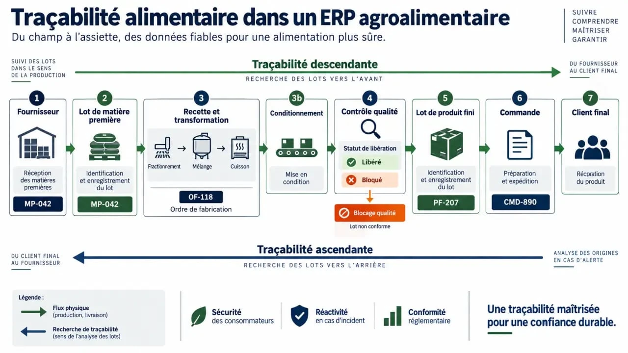 Infographie de traçabilité avec un ERP agroalimentaire, des lots de matières premières au client final