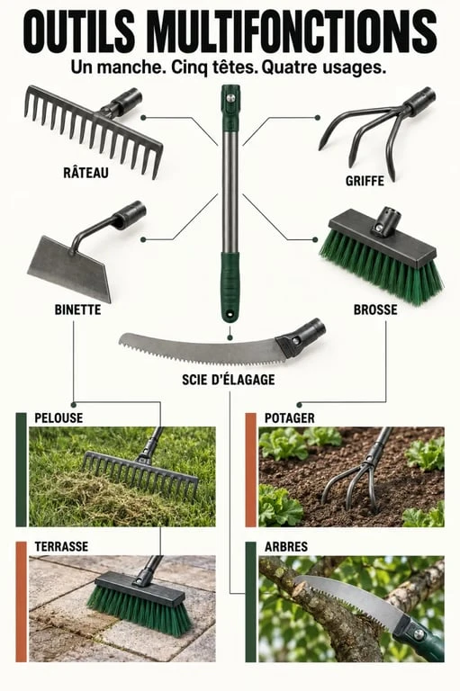 Outils de jardinage multifonctions avec manche interchangeable et accessoires pour chaque zone du jardin