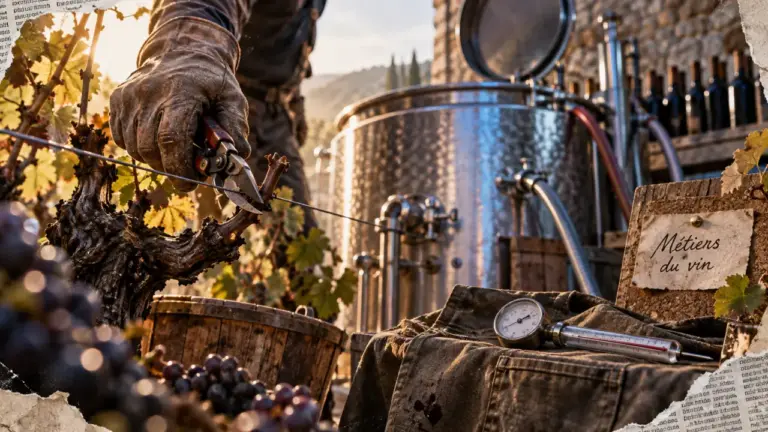 Metier dans le vin : main gantée ajuste un sécateur sur la vigne près de la cuve