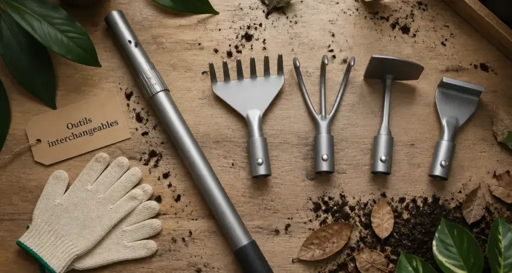 Outils jardinage multifonction : manche et têtes interchangeables pour pelouse et potager