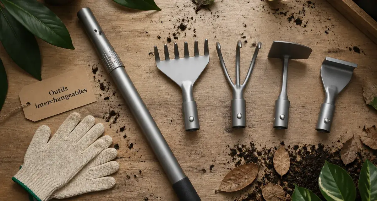 Outils jardinage multifonction : manche et têtes interchangeables pour pelouse et potager