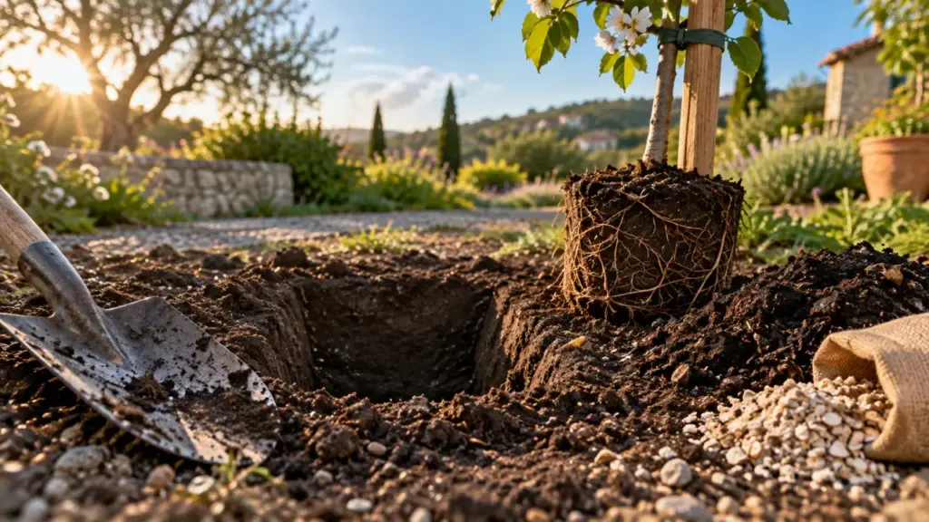 Plantation cerisier : collet non enterré, trou de plantation et tuteur