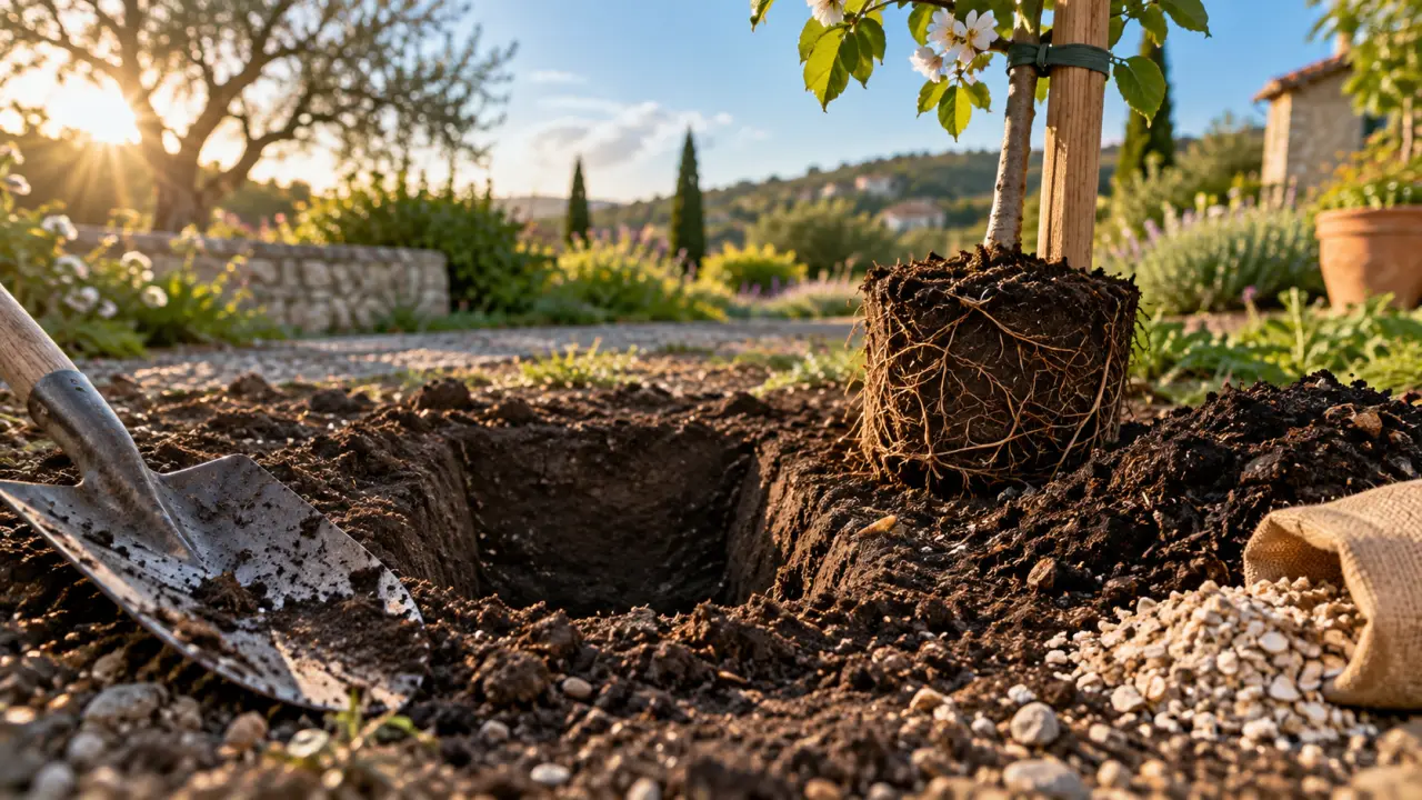 Plantation cerisier : collet non enterré, trou de plantation et tuteur