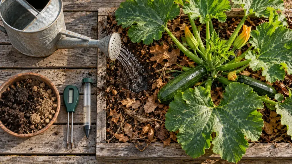 Arrosage courgette : filet au pied, sol frais, racines non noyées