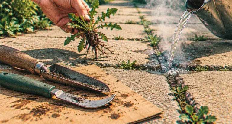 Désherber au naturel : petite herbe arrachée et eau bouillante entre dalles