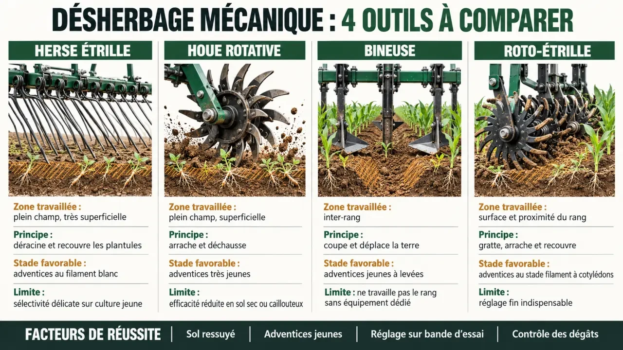 Infographie comparative du désherbage mécanique avec herse étrille, houe rotative, bineuse et roto-étrille