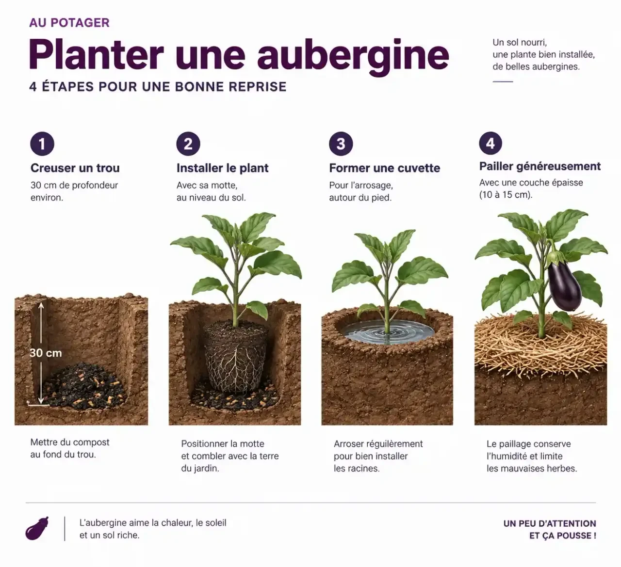 Étapes pour planter des aubergines : trou, compost, cuvette d'arrosage et paillage