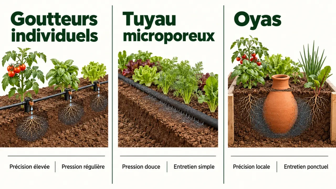 Comparaison des solutions de goutte a goutte jardinage : goutteurs individuels, tuyau microporeux et oyas