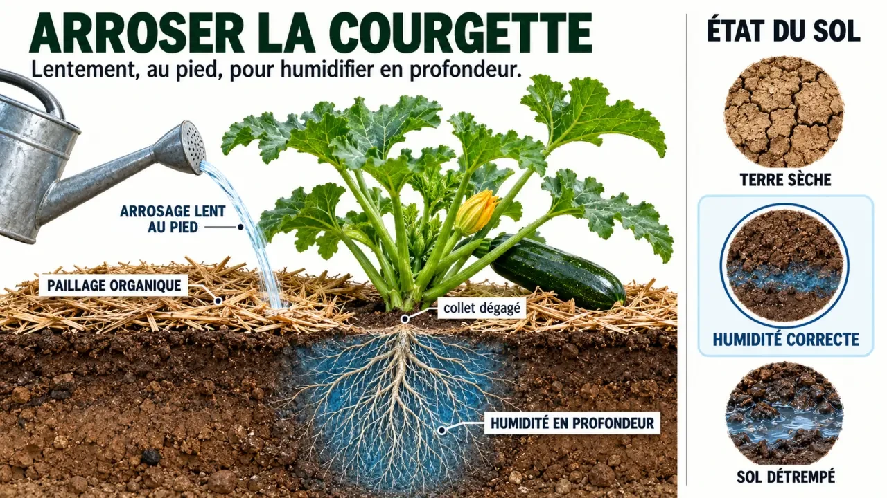 Infographie sur l’arrosage courgette au pied, le paillage et l’humidité du sol