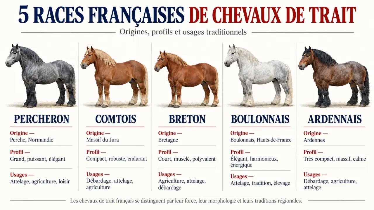 Infographie comparative des principales races de chevaux de trait et de leurs usages
