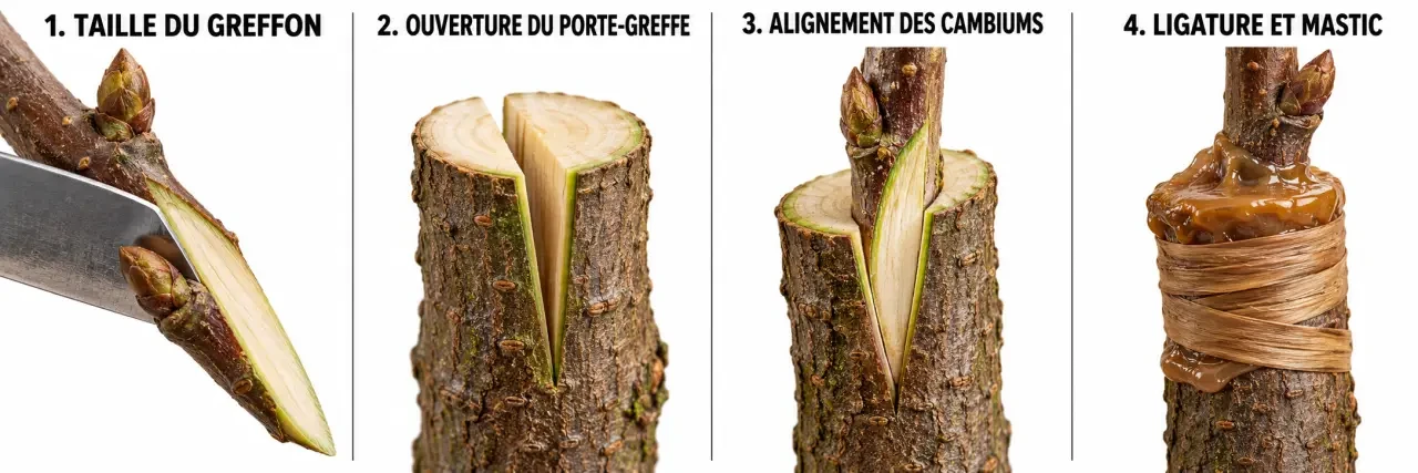 Schéma visuel des étapes du greffage des arbres fruitiers, de la coupe du greffon à la ligature