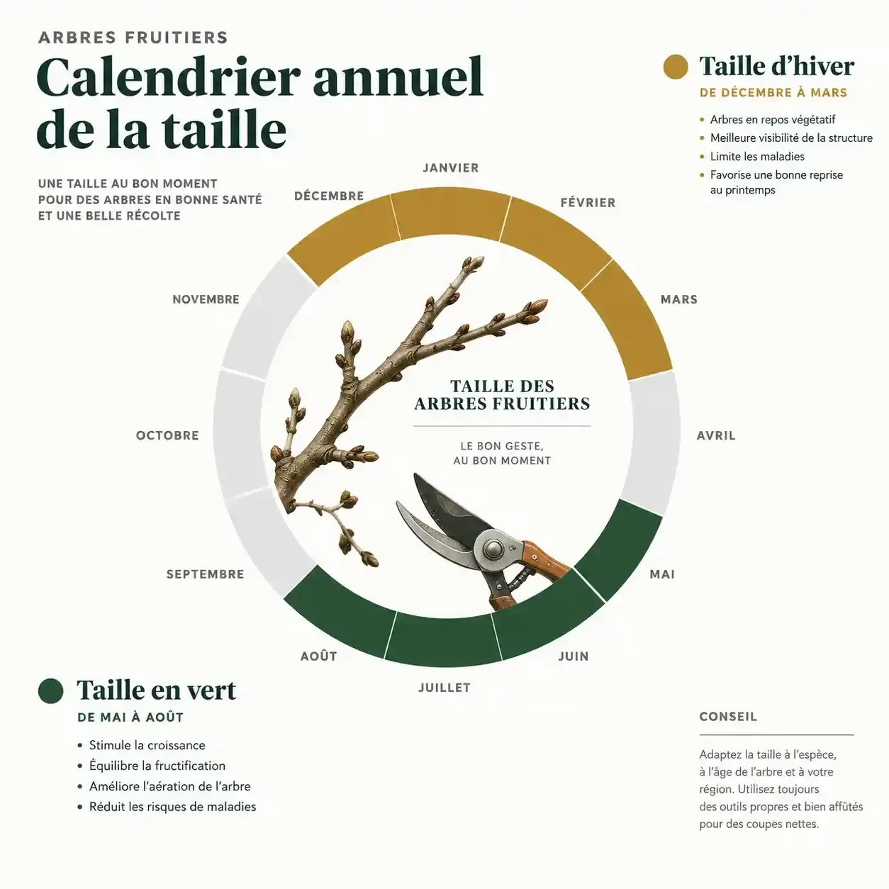 Calendrier pour savoir quand tailler les arbres fruitiers : taille d'hiver de décembre à mars et taille en vert de mai à août