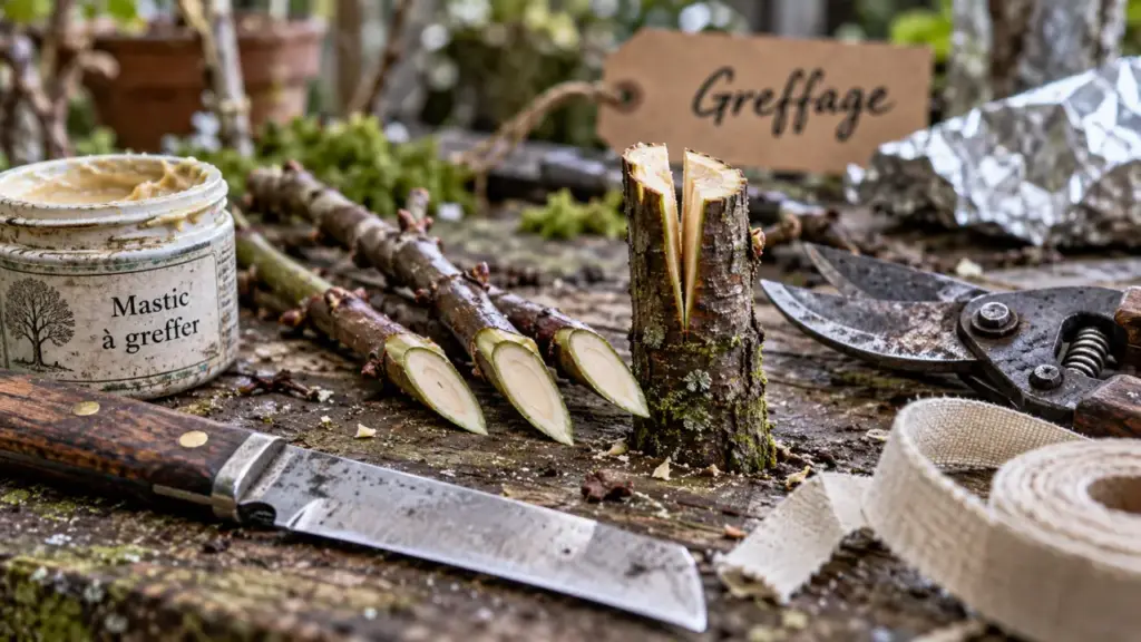 Greffage des arbres fruitiers : greffons en fente et couteau de greffage