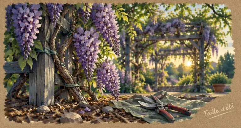 La glycine mauve en fleurs, taille d’été sur treillis
