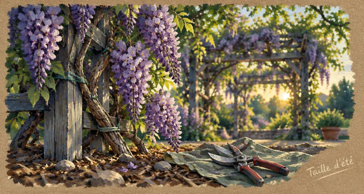 La glycine mauve en fleurs, taille d’été sur treillis