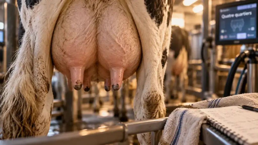 Mamelles vaches : quatre quartiers à surveiller, repères sur pis de vache laitière