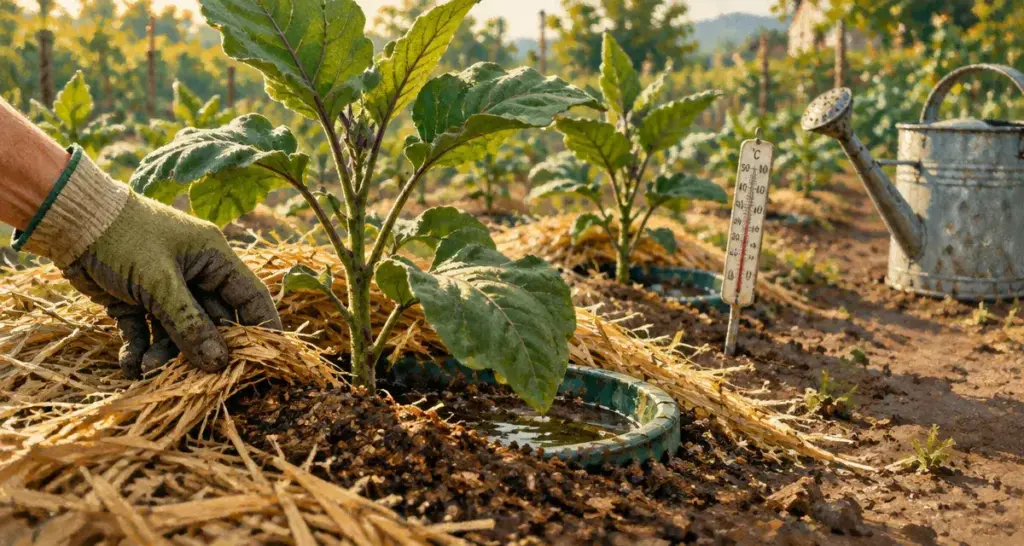 Planter des aubergines : jeunes plants paillés quand il fait 12°C dehors
